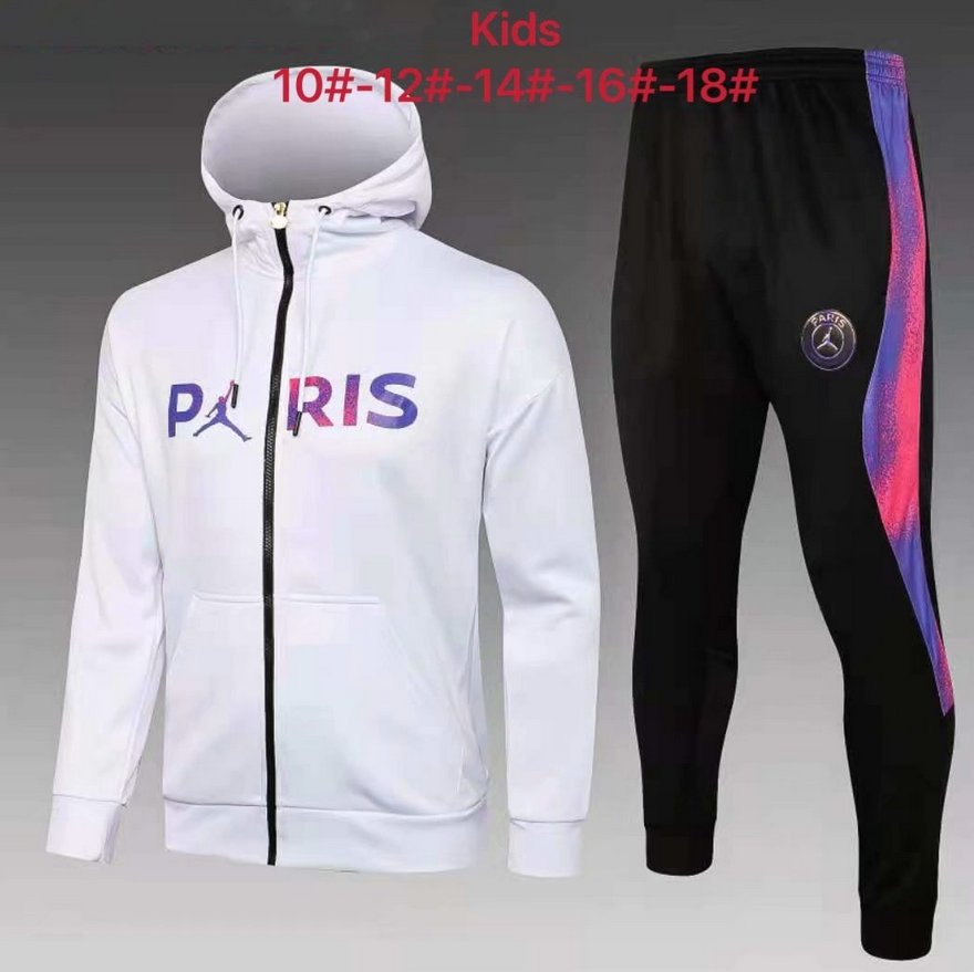 Kids 2021/22 PSG x Jordan White Hoodie Jacket and Pants Youth Training Suits